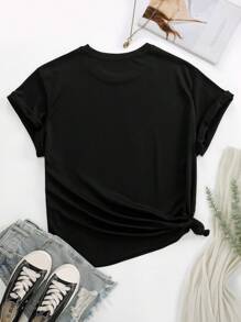 SHEIN EZwear Hơn Đồ họa Khẩu hiệu Áo thun - màu đen - Xem 2