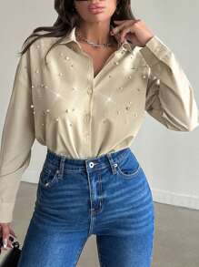 EURMUSE Ngọc trai Và Rhinestone đính cườm Thả vai Áo sơ mi - Màu be - Xem 3