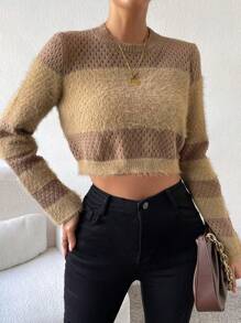 SHEIN Unity Two Tone Fuzzy Panel Pointelle Knit Crop Knit Pullover Fall Winter Sweater - Khaki - View 4