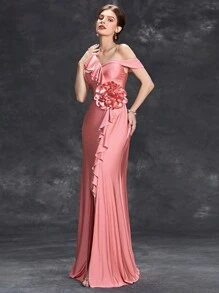 Asymmetrical Neck Ruffle Trim Split Thigh Bridesmaid Dress - Rose Red - View 1