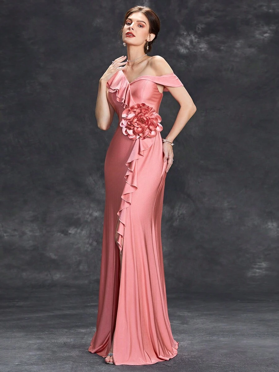 Asymmetrical Neck Ruffle Trim Split Thigh Bridesmaid Dress - Rose Red - View 1