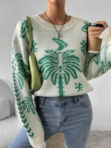 SHEIN Unity Palm Tree Pattern Drop Shoulder Sweater - Apricot - View 3