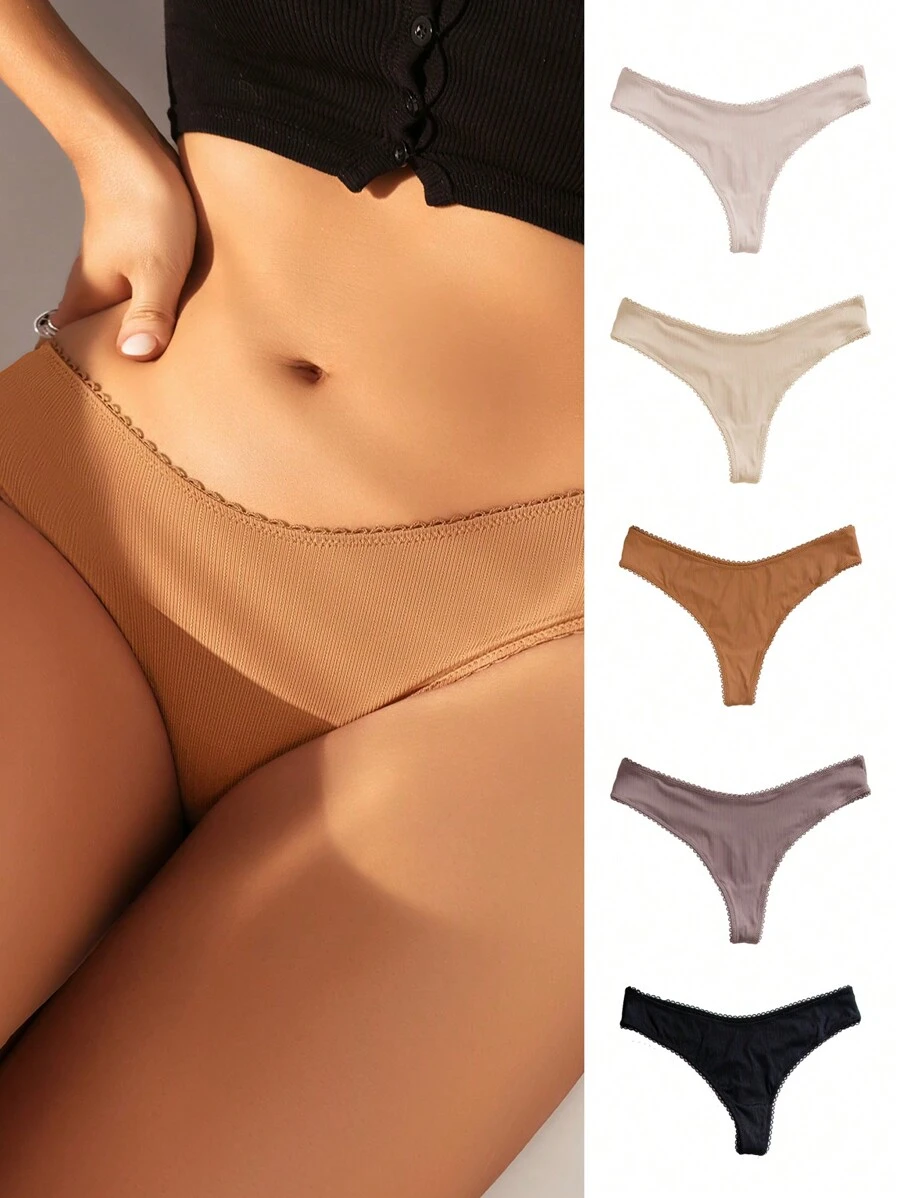 5 piezas Tanga unicolor tejido de canalé