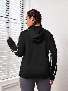 Easithlete Plus Contrast Tape Drop Shoulder Hooded Sports Sweatshirt - Black - View 2