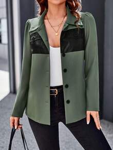 SHEIN Unity Contrast PU Leather Button Front Puff Sleeve Coat - Army Green - View 7