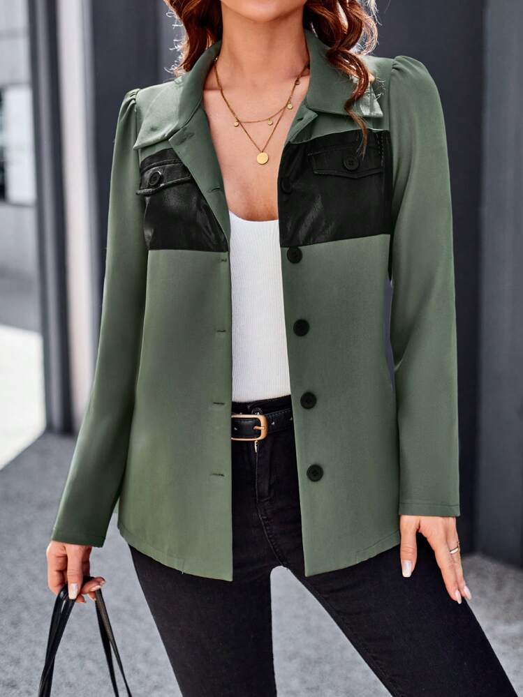 SHEIN Unity Abrigo en contraste PU con botón delantero de manga farol - Verde militar - Ver 7
