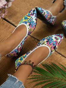 Women's Casual Pointed Toe Flat Shoes With English Letters Print, Slip-on Comfortable Loafers - Multicolor - View 3