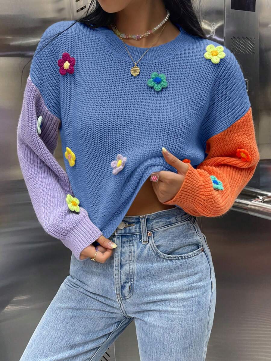SHEIN Unity Colorblock Floral Appliques Drop Shoulder Knit Pullover Fall Winter Sweater - Blue - View 1
