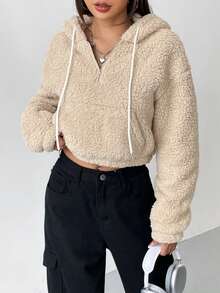 SHEIN EZwear Cartoon Embroidery Drop Shoulder Hoodie - Apricot - View 6