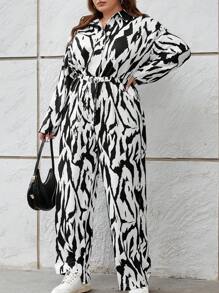 SHEIN Essnce Plus Allover Print Belted Shirt Jumpsuit - Black and White - View 3