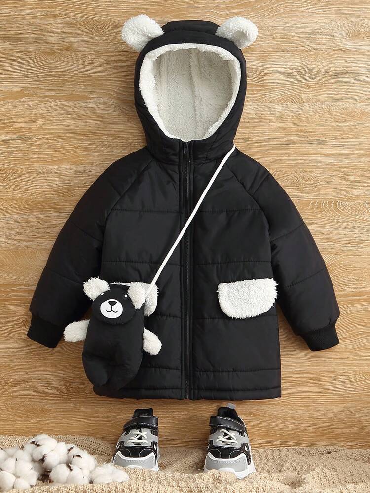 Young Boy Cartoon Bear Decor Plush Lined Hooded Padded Coat