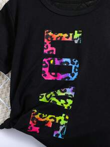 SHEIN Cô Gái Trẻ Đồ họa Chữ cái Áo thun & In hoa Báo Quần short đi xe - màu đen - Xem 4