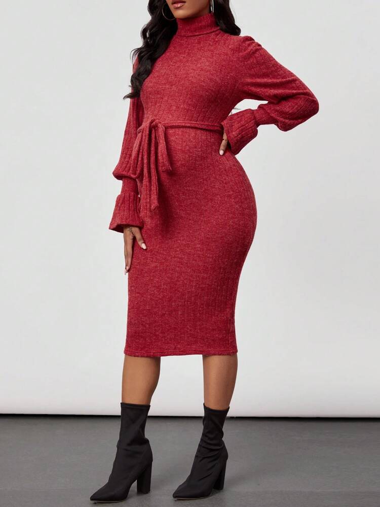 Maternity Ruffle Sleeve Belted Dress