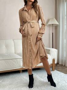 SHEIN Maternity Textured Button Front Belted Shirt Dress - Khaki - View 3