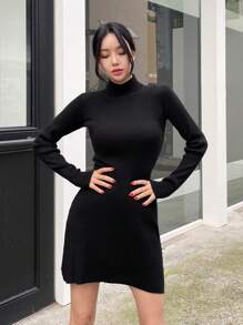 Dazy Star Chất rắn Cổ cao Đồ đan Ribbed Đầm Áo len - màu đen - Xem 1