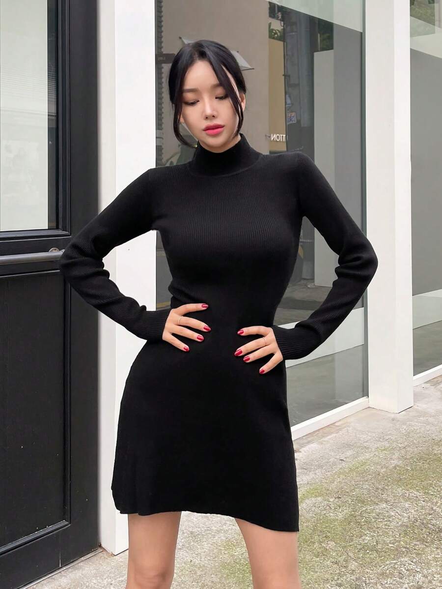 Dazy Star Chất rắn Cổ cao Đồ đan Ribbed Đầm Áo len - màu đen - Xem 1