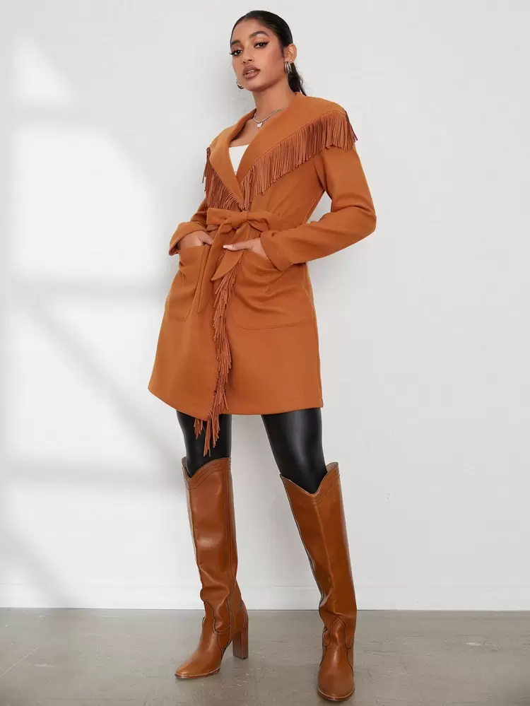 Fringe Trim Waterfall Collar Belted Overcoat