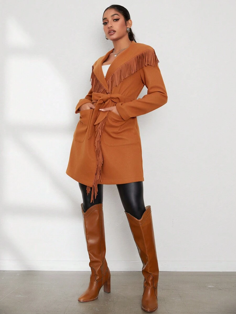 SHEIN Clasi 流蘇邊大翻領腰帶花呢外套 - 棕色 - 查看 1