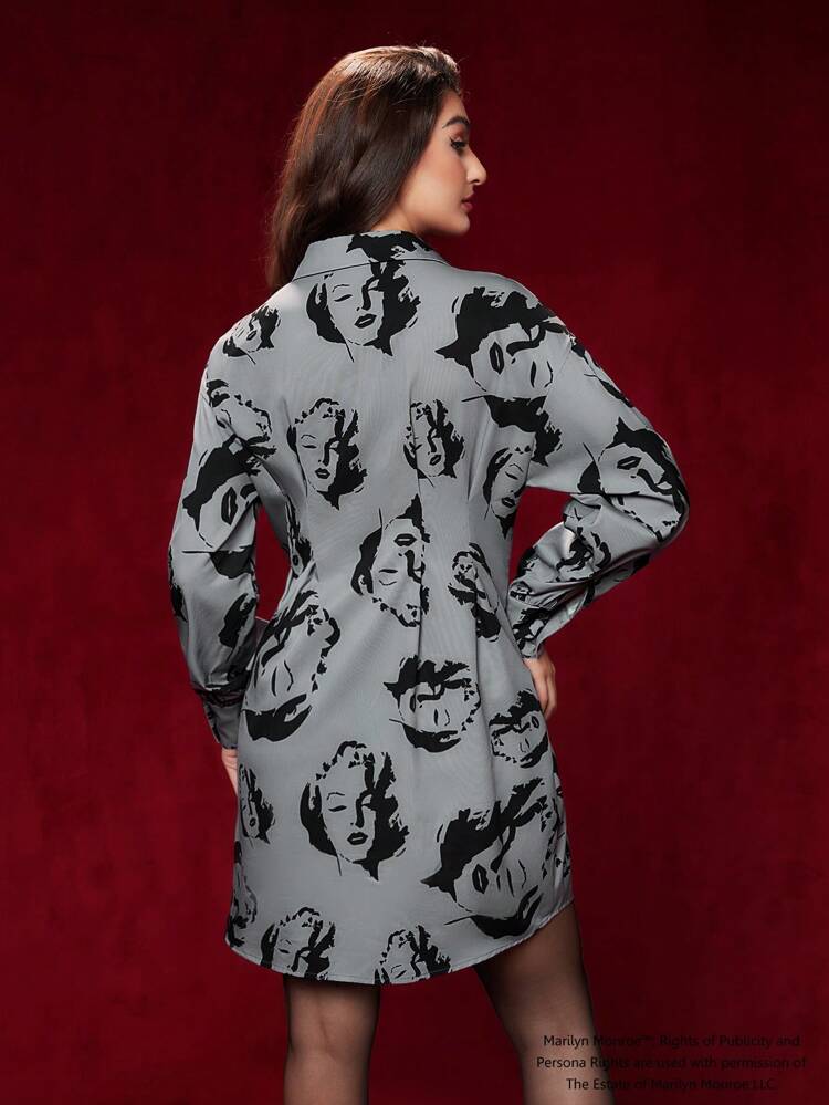 Figure Graphic Fold Pleated Button Front Shirt Dress Spring And Autumn Style