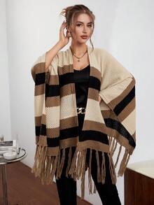 SHEIN Privé 撞色流蘇下擺斗篷袖開襟衫 - 彩色 - 查看 4