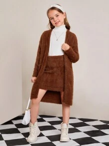 SHEIN 2pcs/set Teen Girls' Elegant Loose Fit Long Sleeve Cardigan And Skirt - Brown - View 3