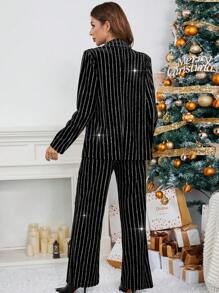SHEIN Privé In sọc Đôi ngực Blazer & quần - màu đen - Xem 4