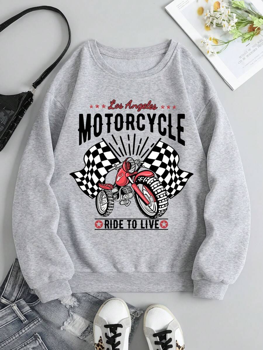 SHEIN EZwear 摩托車和字母圖案加絨內裏套頭衫 - 灰色 - 查看 1