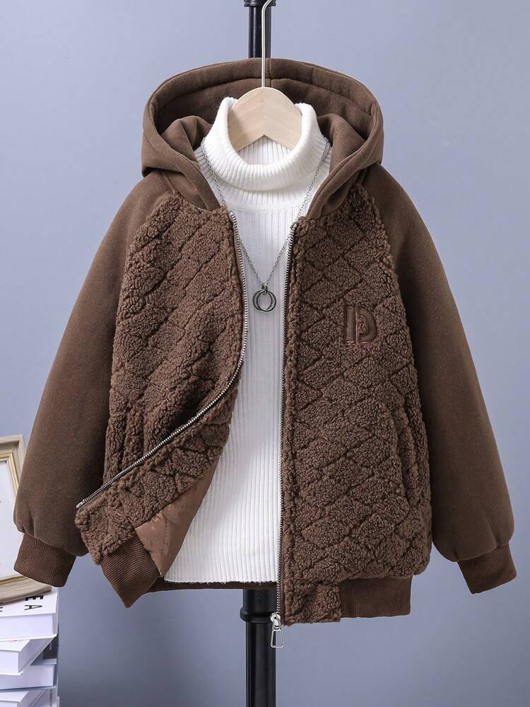 Young Boy Embroidery Letter Pattern Raglan Sleeve Hooded Teddy Jacket Without Sweater