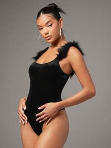 SHEIN BAE Fuzzy Trim Tank Bodysuit