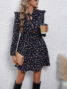 SHEIN LUNE Ditsy Floral Print Tie Neck Ruffle Trim Dress - Royal Blue - View 5