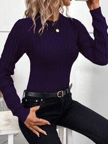 SHEIN Frenchy 素色圓領修身套頭毛衣 - 中紫紅色 - 查看 5