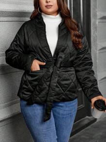 SHEIN Clasi Plus Dual Pocket Belted Quilted Coat - Black - View 6