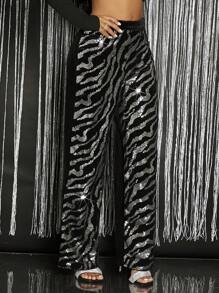 SHEIN SXY Sequin Zebra Striped Pattern Wide Leg Pants