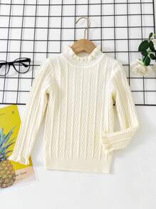 女小童褶邊紋理質感針織毛衣 - 杏色 - 查看 1