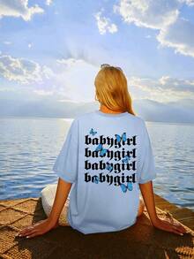 SHEIN Unity Hoạt hình Bướm & Chữ cái Áo thun Thả vai - Màu xanh lam - Xem 5