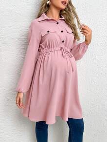 SHEIN Thai sản Thả vai Nút Eo đàn hồi Váy sơ mi - Hồng - Xem 3