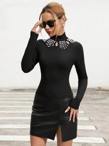 SHEIN Privé Ngọc trai đính cườm Cắt ra Cổ giả Áo thun - màu đen - Xem 4