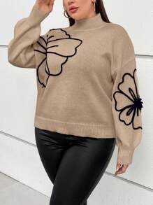 SHEIN Privé Plus Size 3d Flower Stand Collar Drop Shoulder Pullover Sweater, For Winter - Khaki - View 6