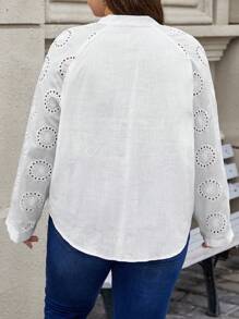 SHEIN Frenchy Plus Eyelet Embroidery Raglan Sleeve Notched Neck Blouse - White - View 2