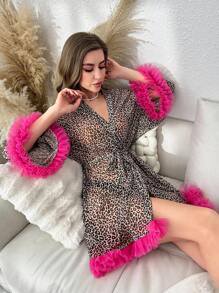 رداء مزين بكشكشة من الشبك بطبعة نمر وحزام - متعدد الألوان - مشاهدة 3