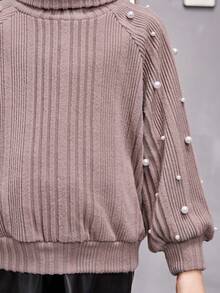 SHEIN 女童時尚街頭針織圓領長袖鑲珠上衣 - 藕粉色 - 查看 4