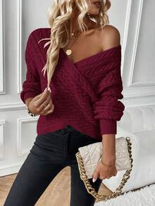 SHEIN Essnce 麻花編織落肩袖交叉套頭毛衣 - 酒紅色 - 查看 3