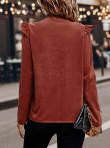 SHEIN Clasi Frill Neck Ruffle Trim Button Front Blouse - Redwood - View 2