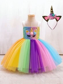 SHEIN Glamorique Kids 女小童亮片拼接卡通圖案漸層網紗邊晚禮服＆ 頭巾