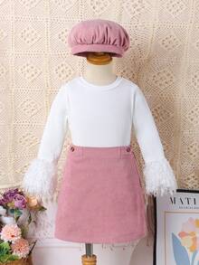 SHEIN 女小童毛茸茸袖口T恤和裙子&帽