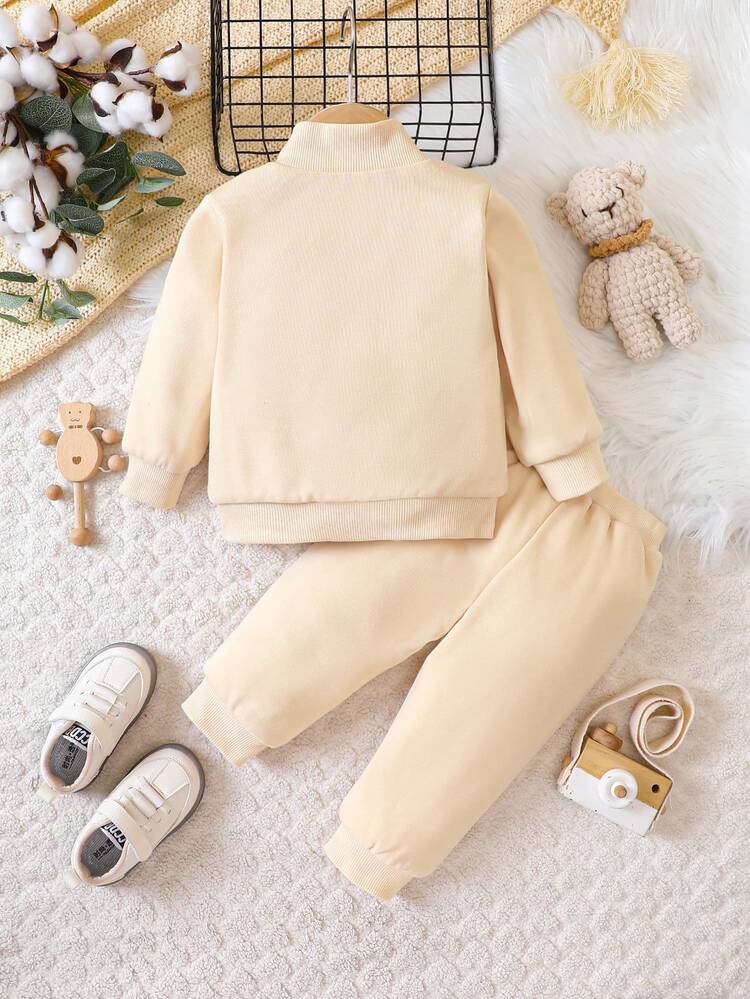 Baby Boys' Letter Patch Zipper Front Fleece Jacket And Pants Set