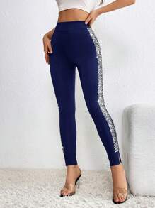SHEIN Privé Sequin Side Seam Split Hem Leggings - Blue - View 3