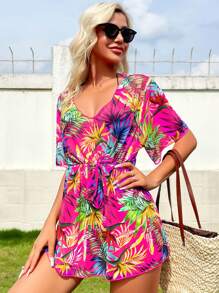 SHEIN Swim Summer Beach Tropical Print Drawstring Waist Cover Up - Multicolor - View 1