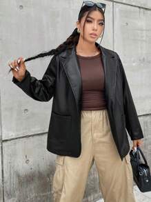 Flirla Plus Lapel Neck Leather Look Blazer - Black - View 1