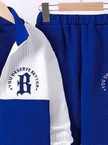 SHEIN Cậu bé Tween Đồ họa Chữ cái Hai âm Một nửa khóa kéo Áo len & Quần nỉ - Màu xanh lam - Xem 3